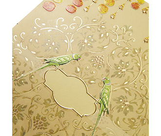 Indian wedding Invitation with marigold flowers and parrots