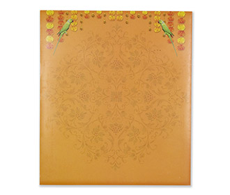 Indian wedding Invitation with marigold flowers and parrots
