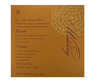 Indian wedding Invite in Blue with cut out golden Floral pattern
