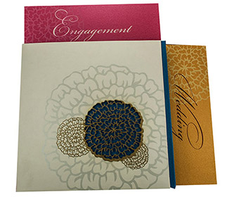 Indian wedding Invite in Blue with cut out golden Floral pattern