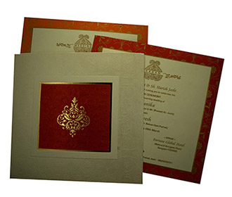 Indian Wedding Invite in Ivory and Rich Red and Floral Patterns