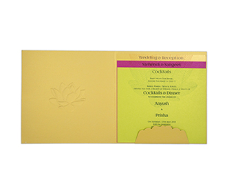 Indian wedding invite in mustard yellow with lotus in orange
