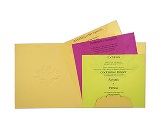 Indian wedding invite in mustard yellow with lotus in orange