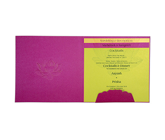 Indian wedding invite in pink with a lotus in golden color