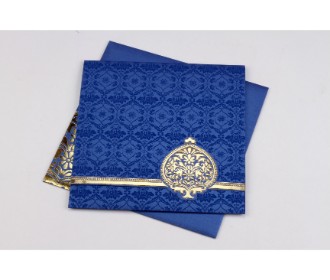 Indian wedding invite in Royal blue with traditional motif design in golden