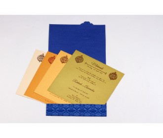 Indian wedding invite in Royal blue with traditional motif design in golden