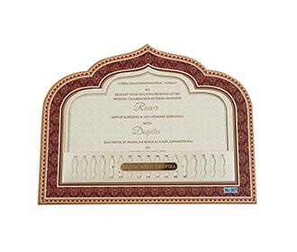Indian wedding invite with royal archway and balcony design in lasercut