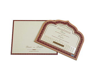 Indian wedding invite with royal archway and balcony design in lasercut