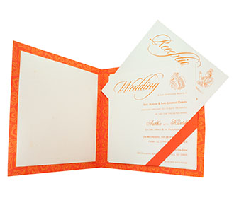 Invite in Orange with peacock feather design, a cut out sun with