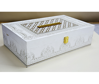 Ivory color designer wedding box invite with sweet jars