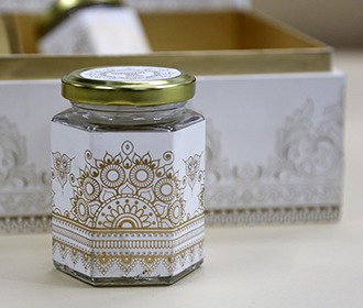 Ivory color designer wedding box invite with sweet jars
