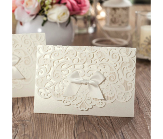Ivory Laser Cut Flower with Bow knot Classic Wedding Invitations