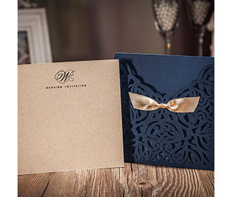 Lace Bowknot Vintage Laser Cut Flowers Wedding Invitation in Blue