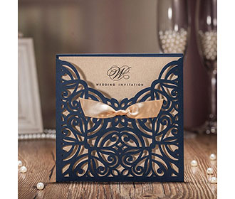 Lace Bowknot Vintage Laser Cut Flowers Wedding Invitation in Blue