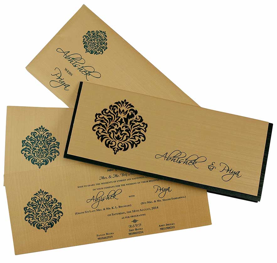 Indian Wedding Card in Dark Green and Golden with Cutout Design - Click Image to Close