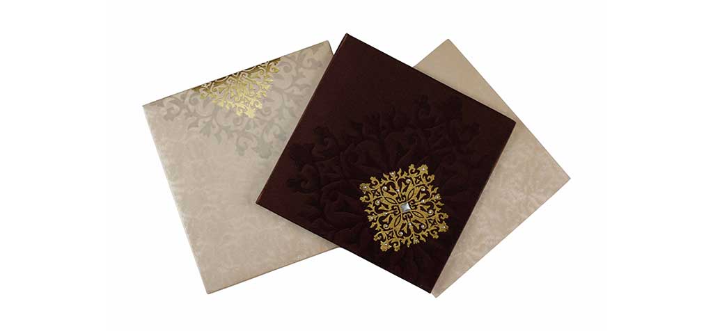 Satin Wedding Card in Brown with Decorated Golden Motif
