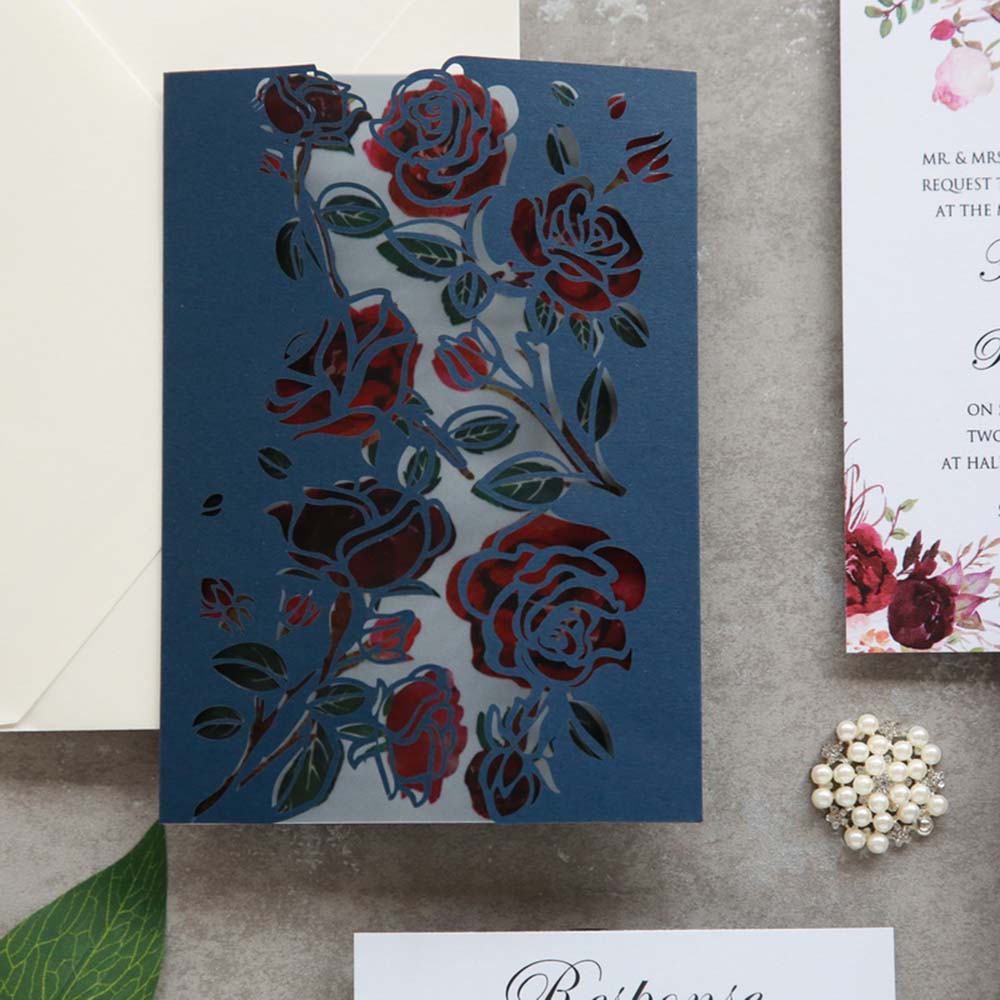 Asymmetric Rose Design Laser Cut Wedding Invitation in Navy Blue - Click Image to Close