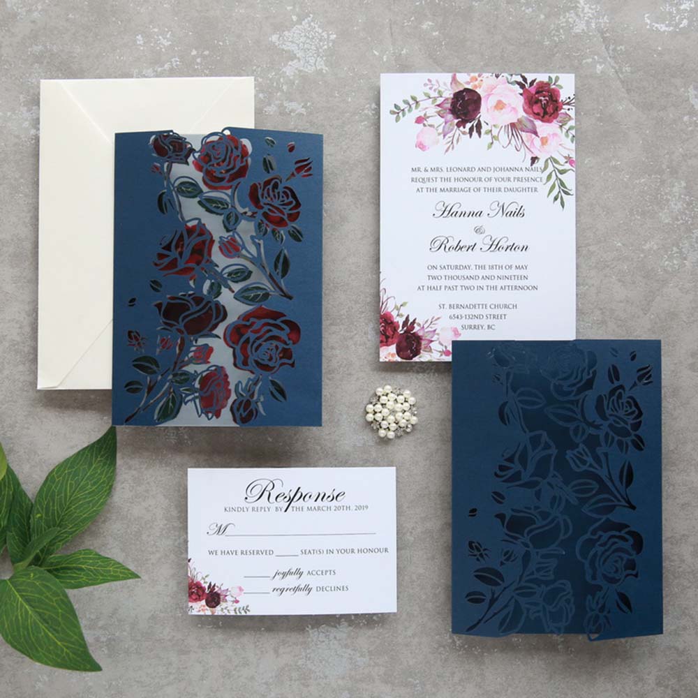 Asymmetric Rose Design Laser Cut Wedding Invitation in Navy Blue - Click Image to Close