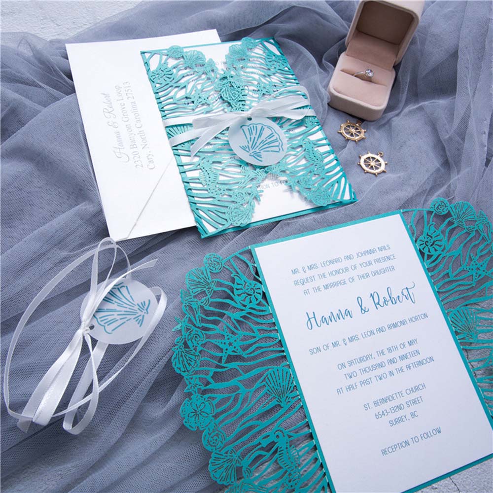 Beach wedding designer laser cut invitation in teal shimmer - Click Image to Close