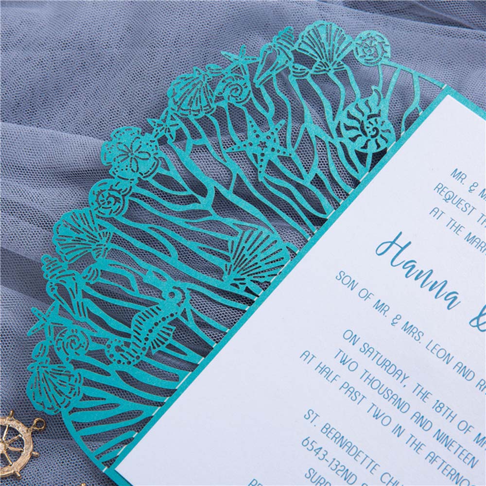Beach wedding designer laser cut invitation in teal shimmer - Click Image to Close