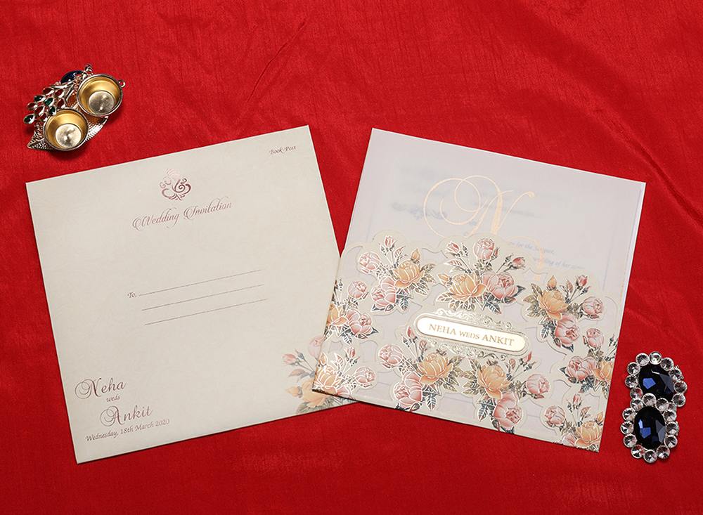 Beautiful Beige colour floral Indian wedding invitation - Click Image to Close
