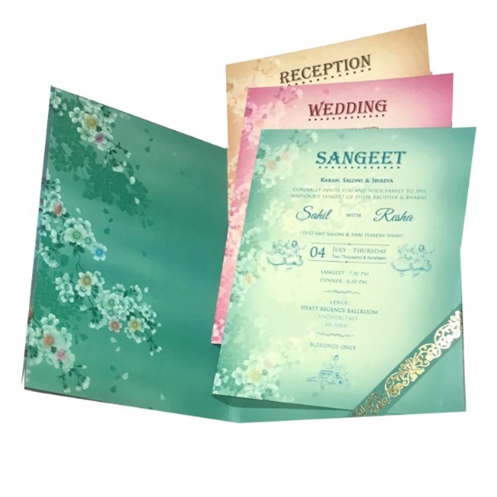 Beautiful floral wedding invitatioon in teal blue colour - Click Image to Close