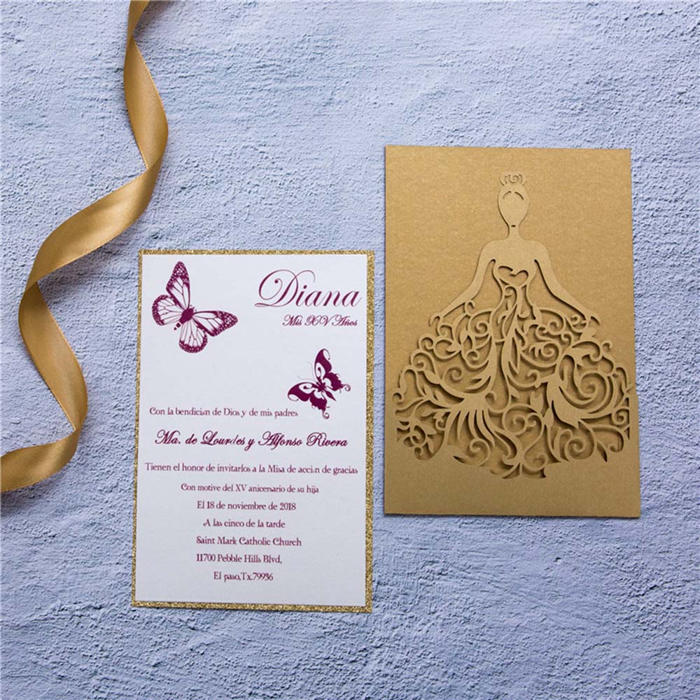 Beautiful Golden laser cut wedding invitation for the bride to be - Click Image to Close
