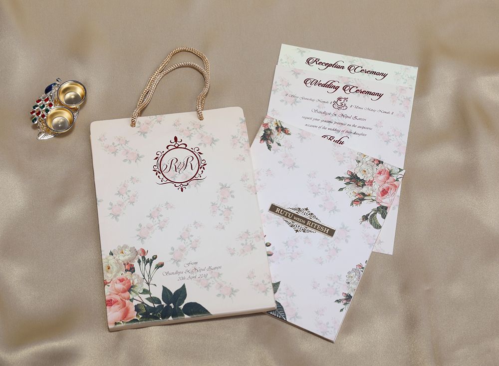 Beige Floral Indian wedding invitation in carry bag style - Click Image to Close
