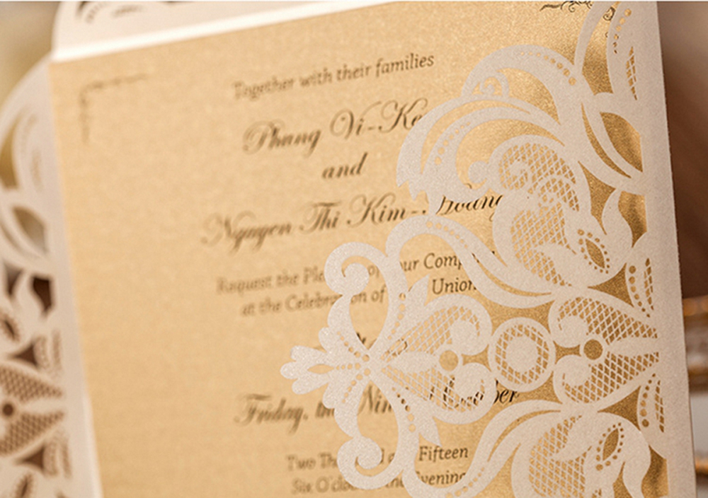 Beige Square Floral Vintage Laser Cut Wedding Invitation - Click Image to Close