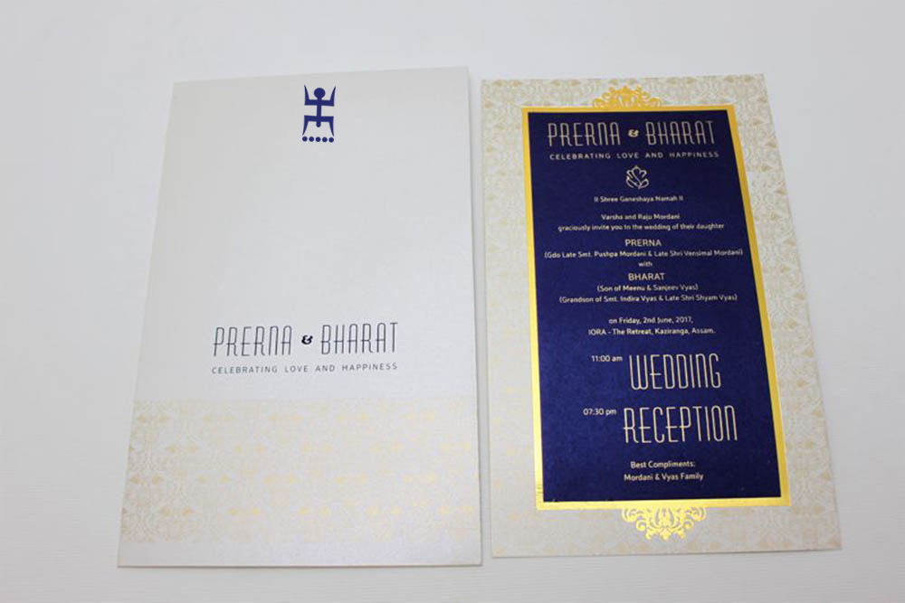 Bengali wedding invitation in blue colour with pullout insert