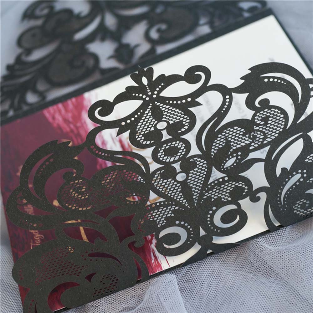Black colour gate fold laser cut wedding invite with a golden bowknot - Click Image to Close