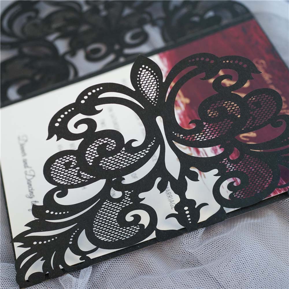 Black colour gate fold laser cut wedding invite with a golden bowknot - Click Image to Close