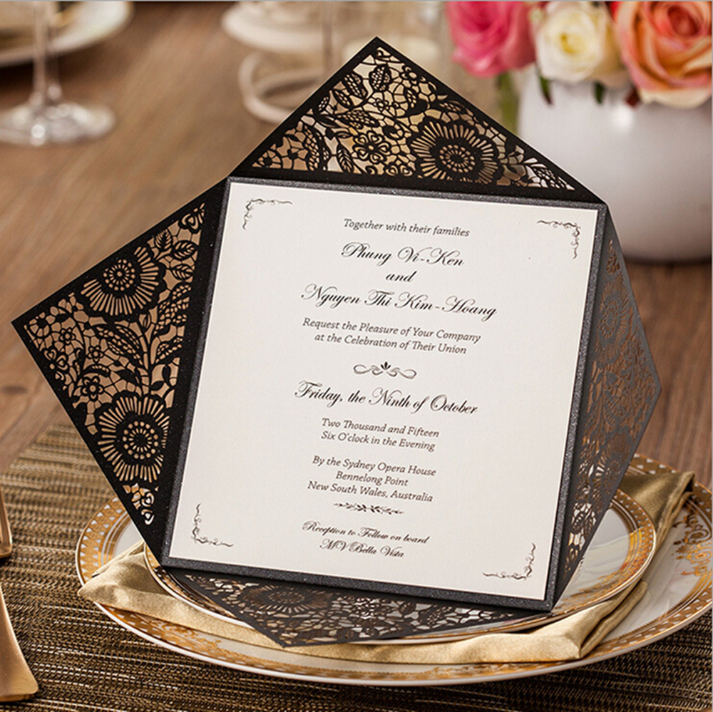 Black Floral Vintage Laser cut Wedding Invitation - Click Image to Close