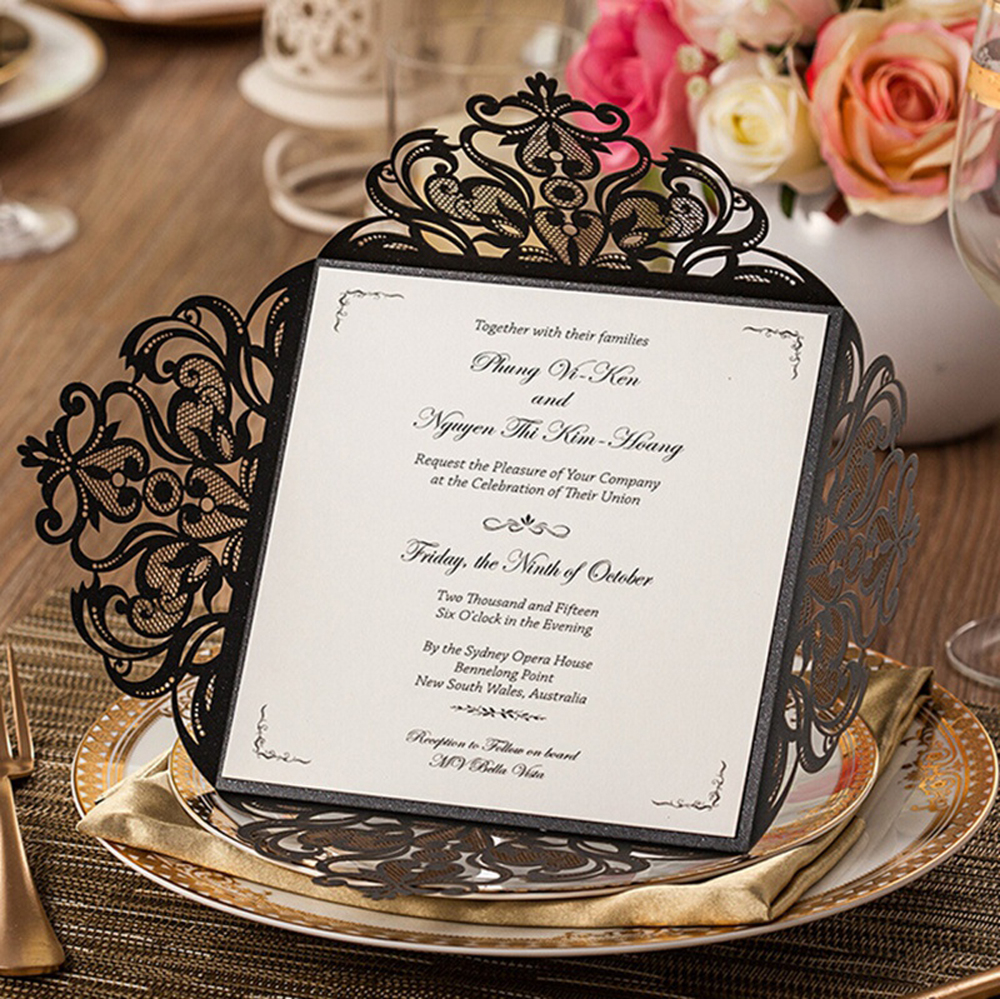 Black Laser-Cut Lace Flower Pattern Wedding Invitations Cards - Click Image to Close
