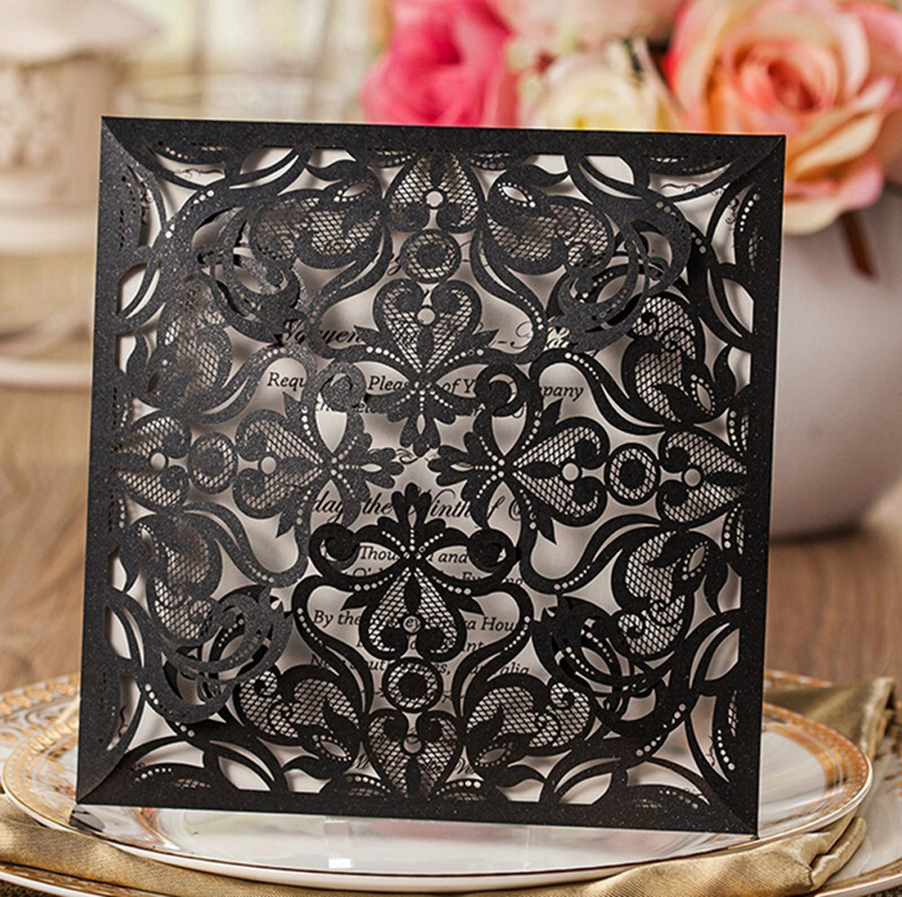 Black Laser-Cut Lace Flower Pattern Wedding Invitations Cards - Click Image to Close