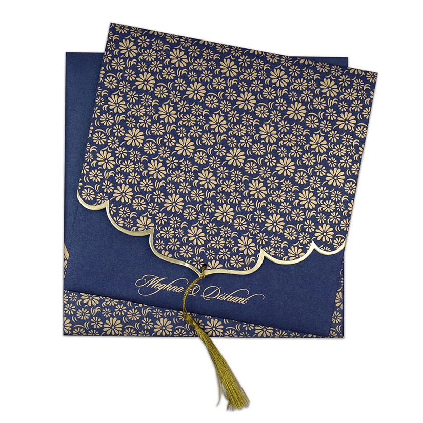 Blue color multifaith Indian wedding card in floral golden pattern - Click Image to Close