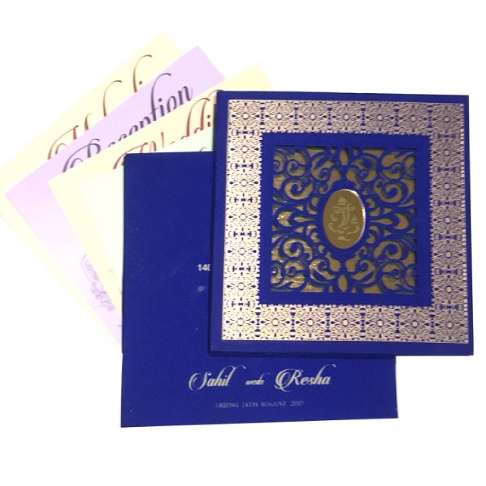 Blue colour laser cut Indian wedding invitation