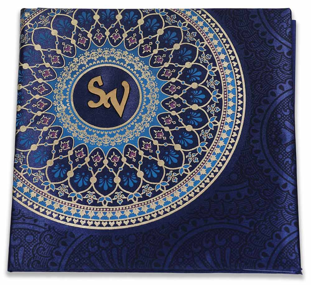 Blue Satin Indian wedding invitation with Mandala patterns - Click Image to Close