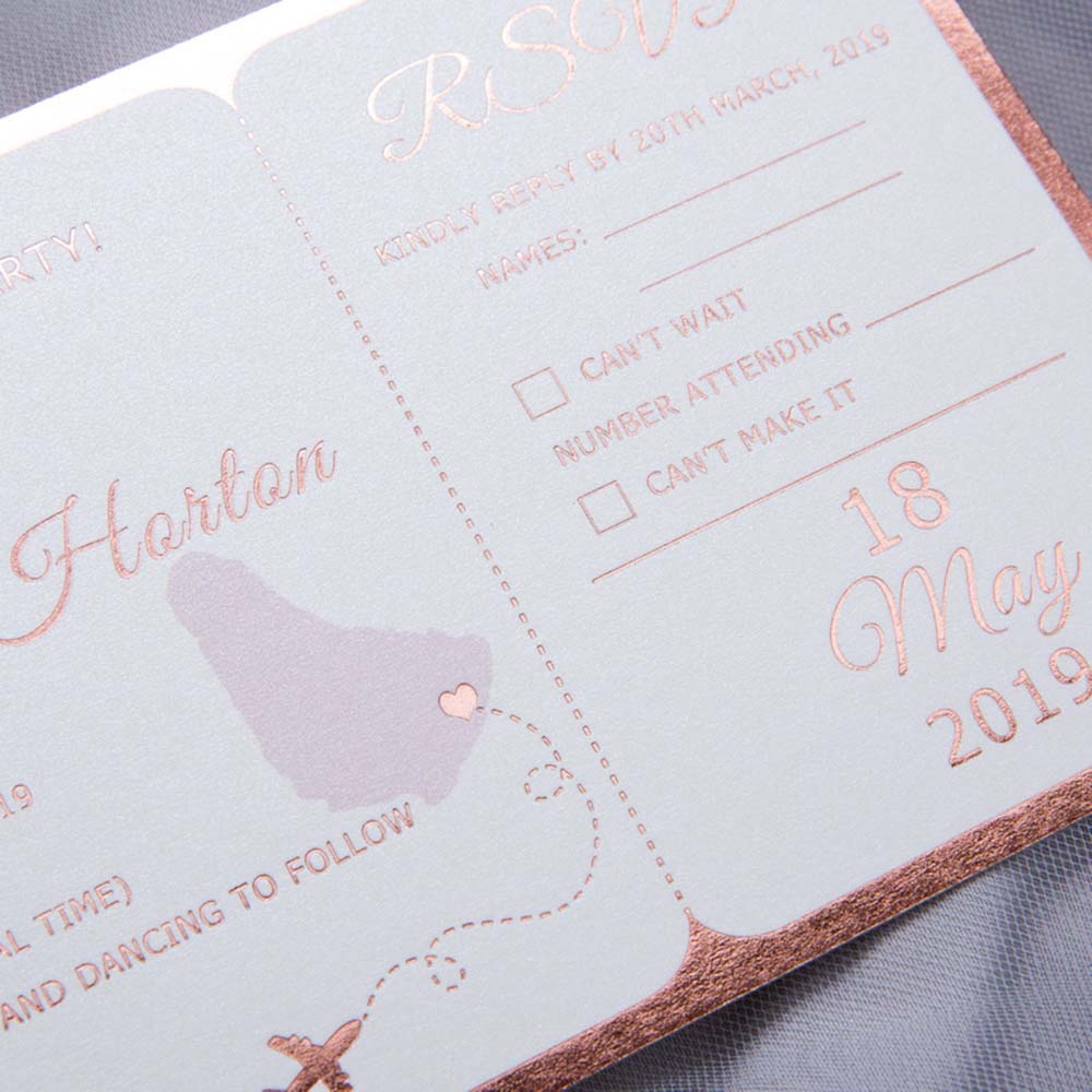 Boarding pass destination wedding invitation in metallic pink - Click Image to Close