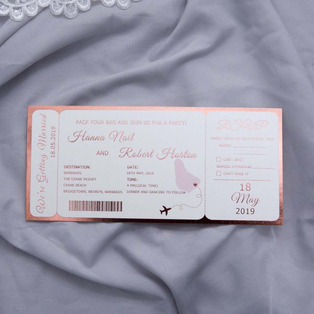 Boarding pass destination wedding invitation in metallic pink - Click Image to Close
