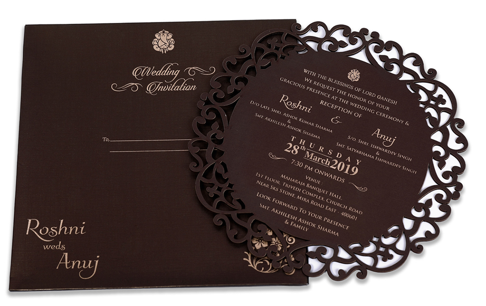 Brown color circular cardboard invite with laser cut design - Click Image to Close
