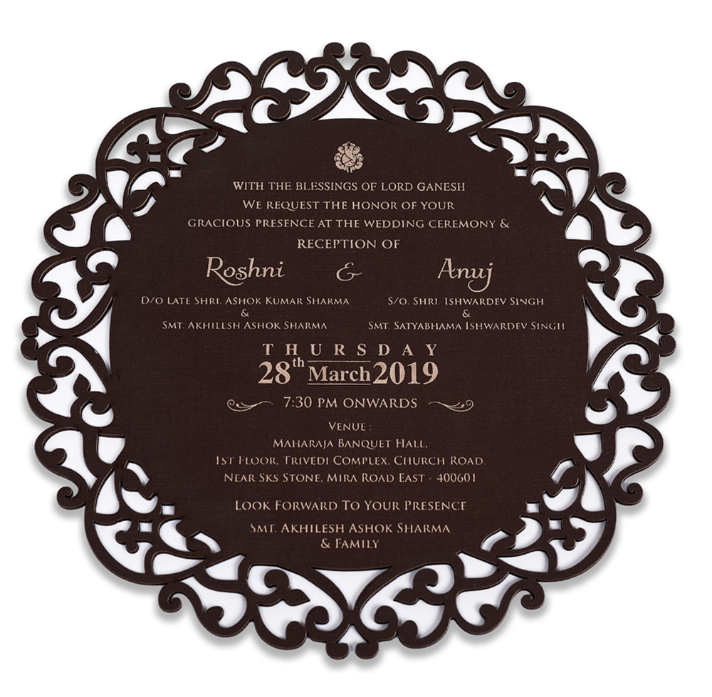 Brown color circular cardboard invite with laser cut design