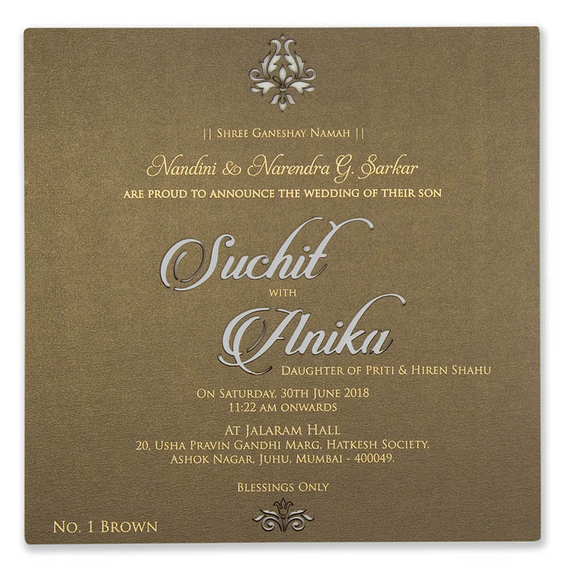 Brown colour invite in cardboard with cut out of couple names - Click Image to Close