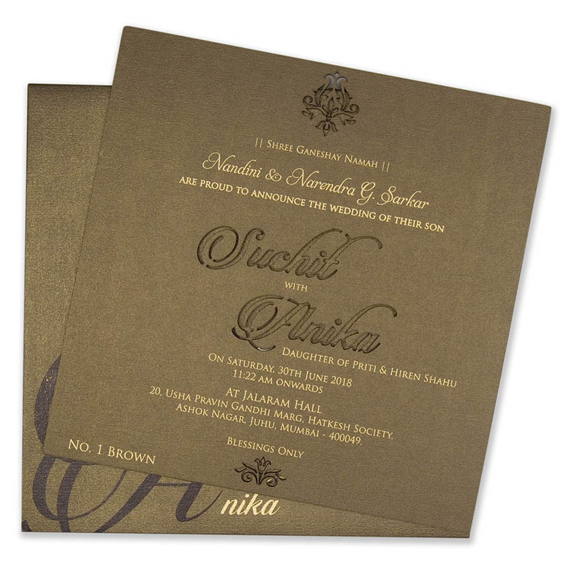 Brown colour invite in cardboard with cut out of couple names - Click Image to Close