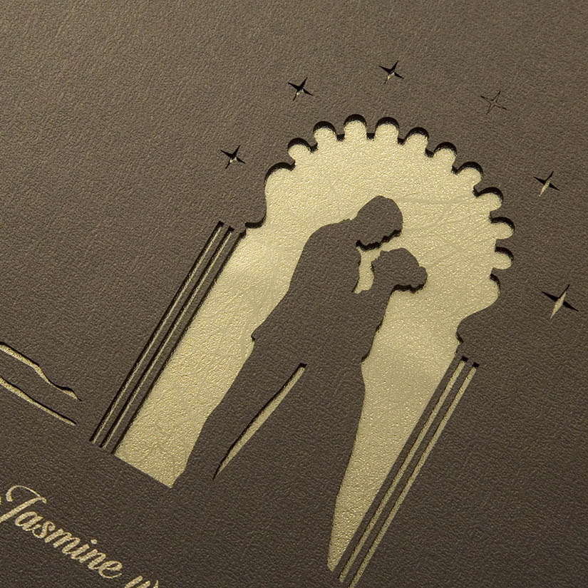 Brown colour Wedding Invite in cardboard with a cut out of a couple - Click Image to Close