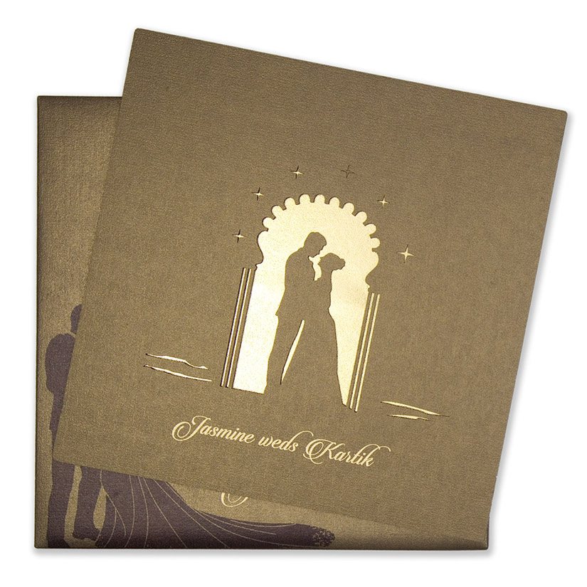 Brown colour Wedding Invite in cardboard with a cut out of a couple - Click Image to Close