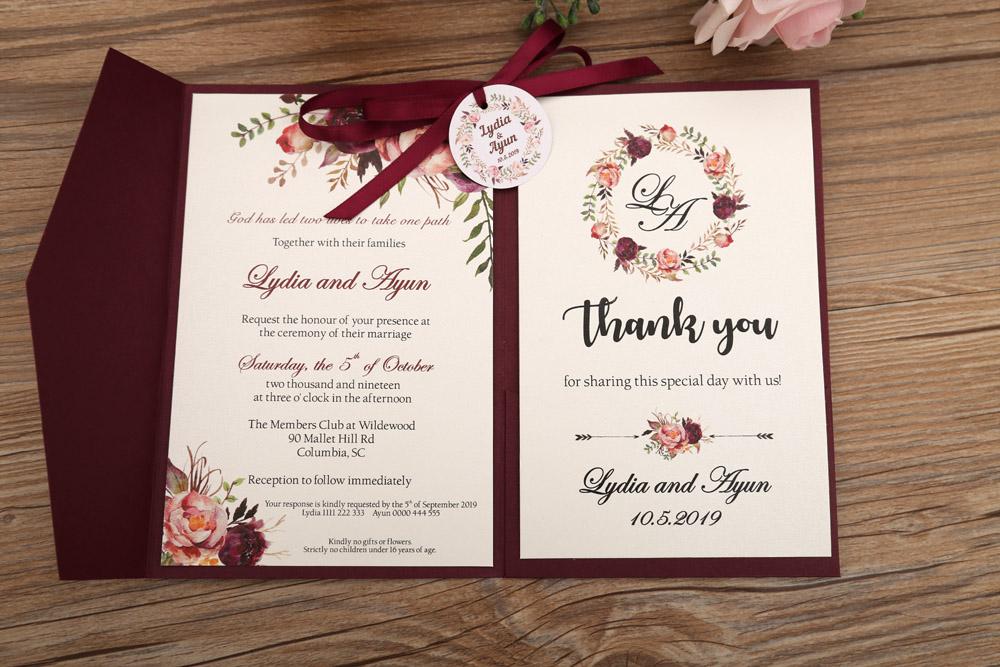 Burgundy color wedding invitation in floral theme - Click Image to Close