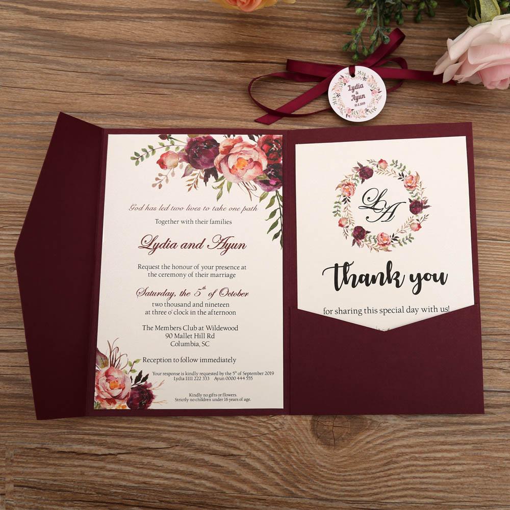 Burgundy color wedding invitation in floral theme - Click Image to Close