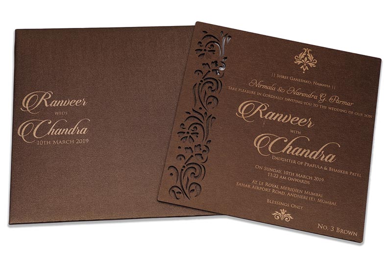 Carboard Laser cut Indian wedding card in chocolate brown color - Click Image to Close