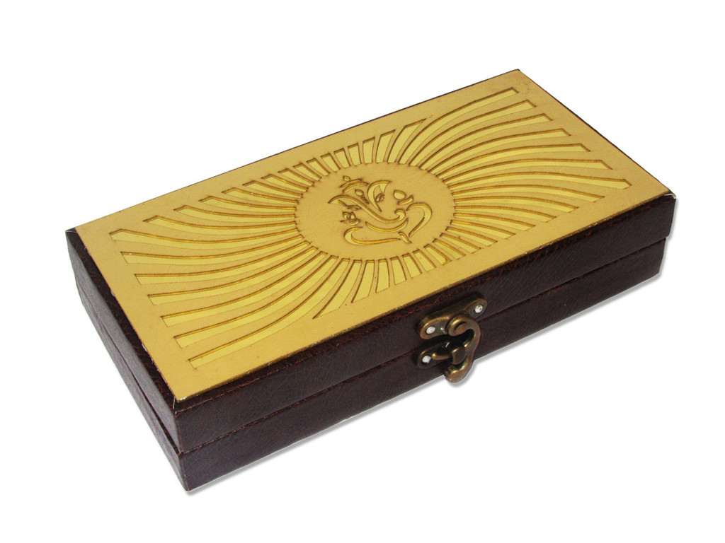 Cash box in brown rexine with laser cut ganesha - Click Image to Close